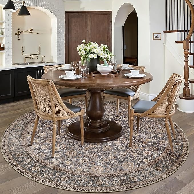 Hugear Round Rug 5ft Entryway Rugs Machine Washable Tradition Brown Hallway Area Rug 5x5 Small Circle Accent Rug Floral Low Pile Carpet Soft Throw Rug Living Room Office Laundry Room Entrance Non Slip