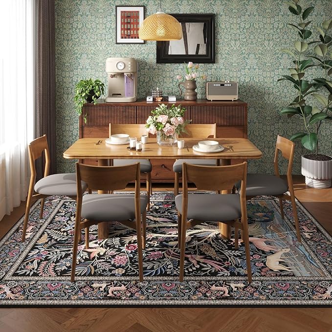 Rugcomf 8x10 Area Rugs Vibrant Tree of Life-Patterned Vintage Washable Area Rug Non Slip Low Pile Large Rug for Bedroom Farmhouse Dining Room Kids Playroom, Black