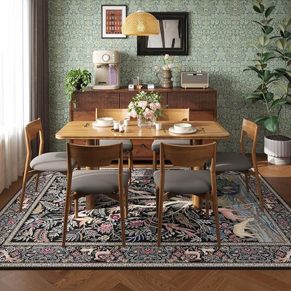 Rugcomf Area Rugs 9x12 Living Room Vibrant Tree of Life-Patterned Vintage Washable Rug Non Slip Low Pile Large Rug for Bedroom Farmhouse Dining Room Kids Playroom, Black
