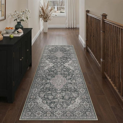 HUGEAR 2x6 Runner Rug Hallway Machine Washable Retro Black Vintage Floral Low Pile Carpet Distressed Long Throw Rug Bedroom Office Bathroom Kitchen Laundry Non Slip Soft Lightweight