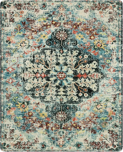 Lahome Bohemian Floral Medallion Area Rug - 5x7 Teal Large Washable Rugs for Living Room Soft Rugs for Bedroom, Turkish Non Slip Indoor Throw Carpet for Apartment Dining Room Entry Way