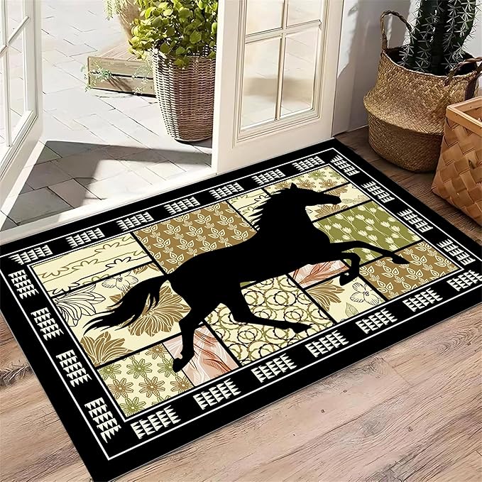 Western Horse Print Rugs 3x5ft,Boho Floral Area Rug, Botanical Print Low Pile Carpet, Stain-Resistant & Machine Washable Non-Slip Mat for Living Room, Bedroom, Dining Room