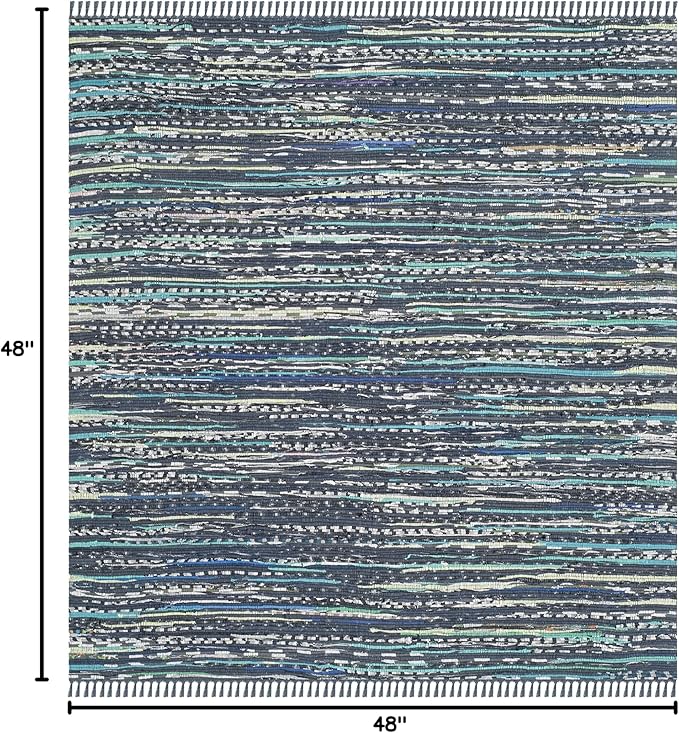 SAFAVIEH Rag Rug Collection Area Rug - 4' Square, Ink & Multi, Handmade Boho Stripe Cotton, Ideal for High Traffic Areas in Living Room, Bedroom (RAR121C)