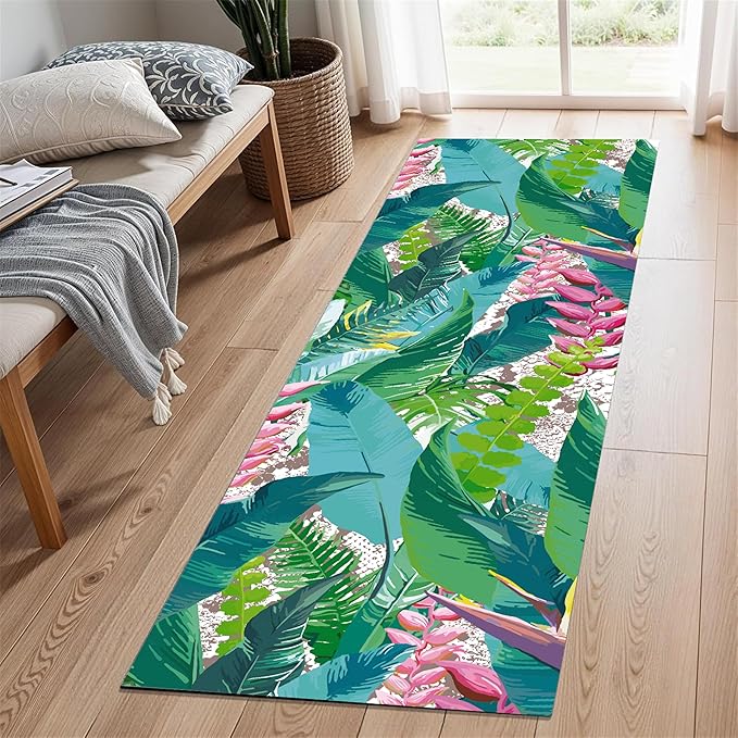 Tropical Rug Runner 2x7ft - Non-Slip Durable Floral Leaf Pattern Carpet for Hallway, Stairs, Entryway, Easy Clean Floor Decor