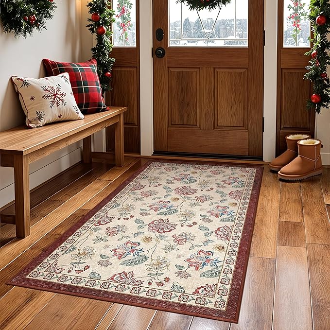 jinchan Elora 3x5 Floral Rug for Entryway Washable Kitchen Rug Vintage Romance Design Small Mat Non Slip Indoor Doormat Lightweight Low-Profile Throw Carpet for Bathroom Laundry Room, Red/Beige