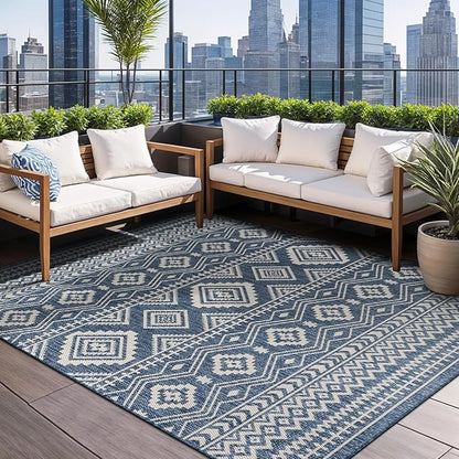 Beverly Rug Waikiki Boho Indoor Outdoor Rug 8x10, Washable Outside Carpet for Patio, Deck, Porch, Bohemian Area Rug, Farmhouse Rugs, Aztec Tribal Rug, Azure and White