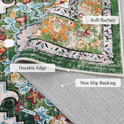 U'Artlines Boho Vintage Area Rug 6x9 Machine Washable Low Pile Soft Floor Carpet Non Slip Non Shedding Accent Rug for Living Room Bedroom Entryway Dining Room Office Green