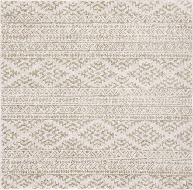 SAFAVIEH Tulum Collection Area Rug - 6'7" Square, Ivory & Sage, Moroccan Boho Tribal Design, Non-Shedding & Easy to Clean, Ideal for Living Room, Bedroom, Dining Space (TUL272H)