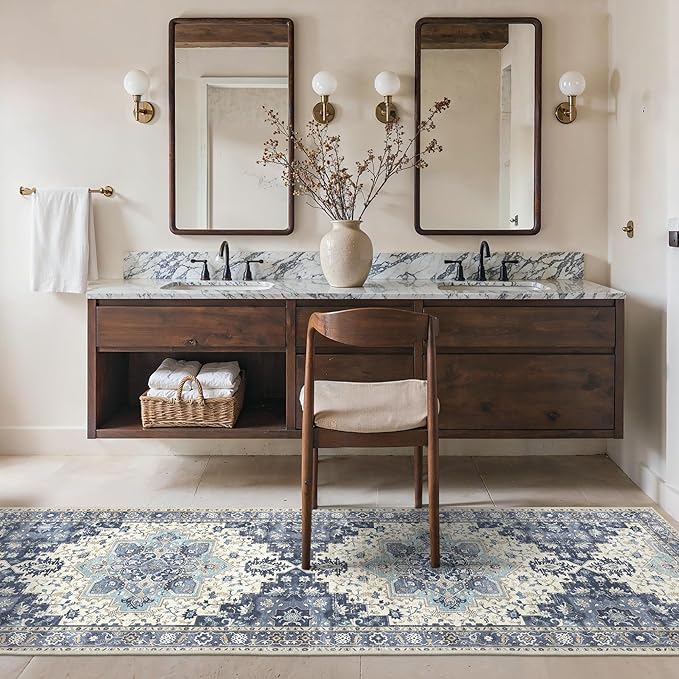 2'6''x8 Runner Rugs for Hallway, Machine Washable Non Slip Vintage Rugs, Low Pile Lightweight Soft Print Rug for enrtyway, Corridor, Home Office, Kitchen, Center Blue