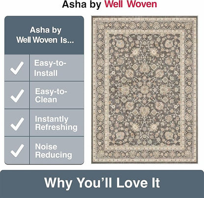 Well Woven Asha Rome Charcoal Brown 5'3" x 7'3" Area Rug - Oriental Floral Pattern, Easy Clean, Floor-Friendly Backing - for Living Room, Bedroom, and Dining Room