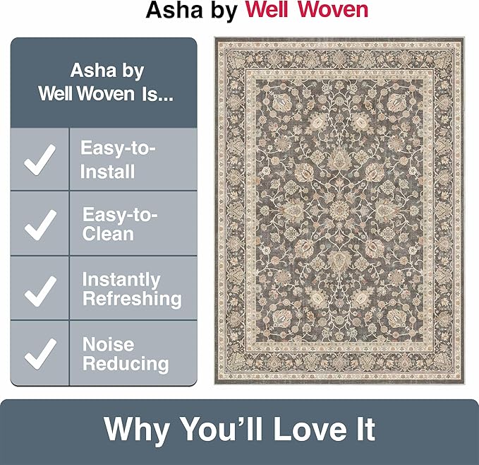 Well Woven Asha Rome Charcoal Brown 9'10" x 13' Area Rug - Oriental Floral Pattern, Easy Clean, Floor-Friendly Backing - for Living Room, Bedroom, and Dining Room