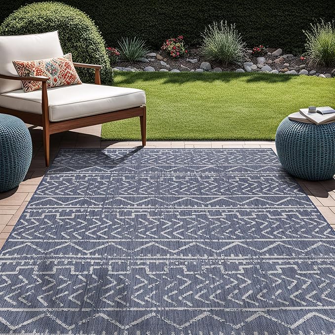 Beverly Rug Waikiki Indoor Outdoor Rug 5x7, Washable Outside Carpet for Patio, Deck, Porch, Trellis Area Rug, Water Resistant, Blue - White