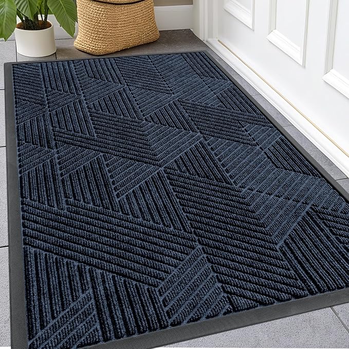 Kitinjoy Front Door Mat Outside Entrance, Sturdy Natural Dirt Trapper, Heavy Duty Rubber Doormat, Low Profile Non-Slip Backing, Easy Clean Floor Mat for Indoor Outdoor Entry, 47X23 Inch, Navy Blue