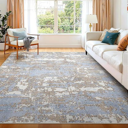 WITSHOCK Abstract Dining Room Rugs for Under Table: 7x9 Washable Blue Area Rug for Living Room, Low Pile Non-Slip Rugs for Bedroom Under Bed - Neutral Modern Decor & Stain Resistance - Blue/Multi