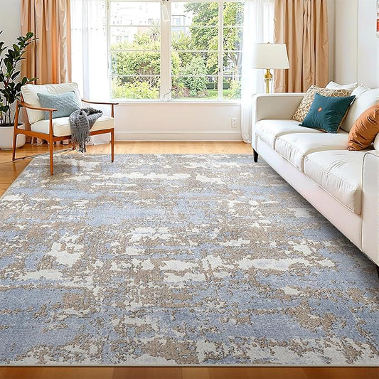 WITSHOCK Abstract Dining Room Rugs for Under Table: 7x9 Washable Blue Area Rug for Living Room, Low Pile Non-Slip Rugs for Bedroom Under Bed - Neutral Modern Decor & Stain Resistance - Blue/Multi