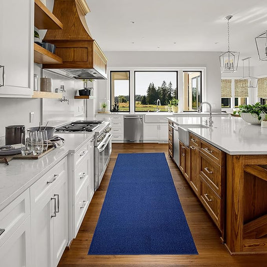 Custom Made Runner Rug Low Pile with Rubber Backing for Kitchen Foyer Hallway Entry Choose Your Length Size 26 Inch Wide Solid and Plain Dark Blue Color (14 feet x 26 inch)