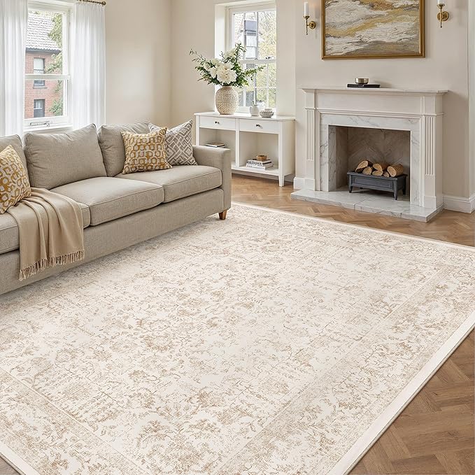 Beige Area Rug 8x10 Machine Washable Large Vintage Living Room Distressed Non Slip Carpet Traditional Indoor Bedroom Retro Floral Accent Throw Rug for Office Kitchen Dining Room