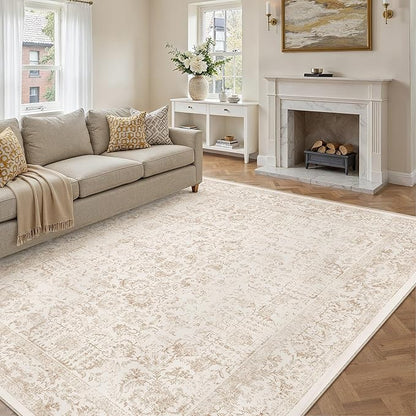 Beige Area Rug 9x12 Machine Washable Large Vintage Living Room Distressed Non Slip Carpet Traditional Indoor Bedroom Retro Floral Accent Throw Rug for Office Kitchen Dining Room