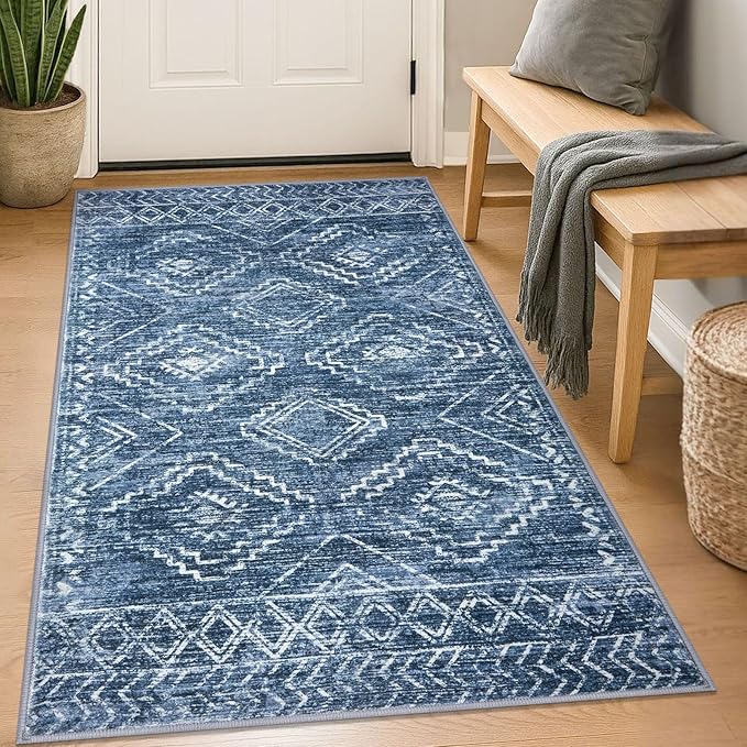 KILOCOCO Boho Entryway Rug 3x5 Area Rug Washable Non Slip Printed Throw Rugs Soft for Kitchen Living Room Dining Bedroom Geometric Moroccan Carpet, Blue
