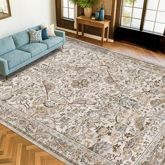 Boho 9x12 Large Area Rug for Living Room - Floral & Bird Soft Rugs for Bedroom,Non Slip Washable Carpet for Dining Room Under Table, Vintage Brown Taupe Indoor Décor, Low Pile Stain Resistant