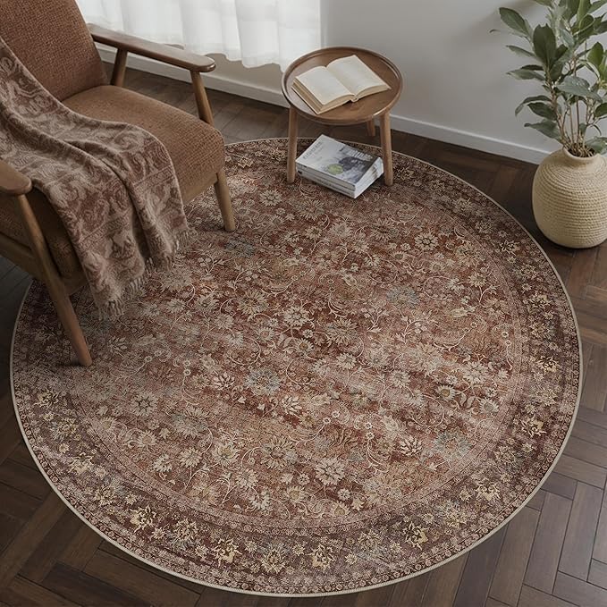 HUGEAR Round Rug 4ft Entryway Rugs Machine Washable Brick Red Hallway Area Rug 4x4 Small Circle Accent Rug Floral Low Pile Carpet Soft Throw Rug Living Room Office Laundry Room Entrance Non Slip