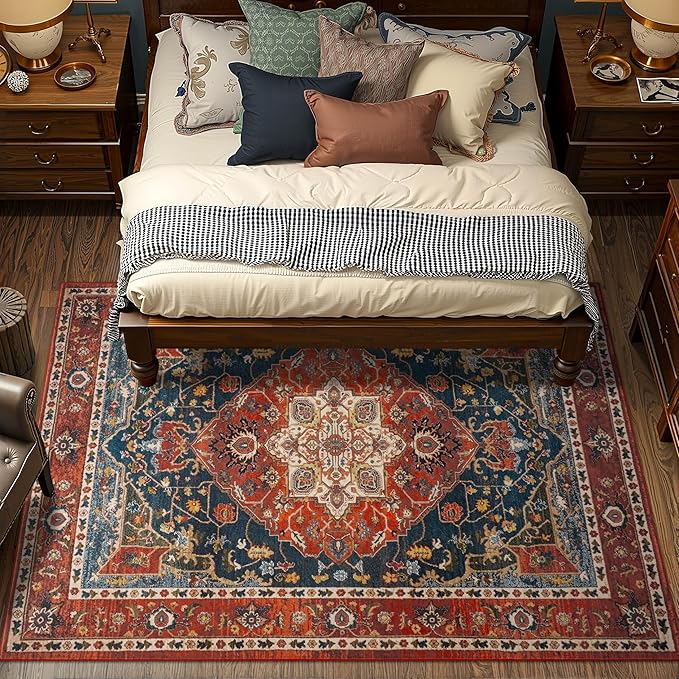 YJ.GWL Area Rugs for Living Room 4x6 Machine Washable Rugs for Bedroom, Non Slip Floral Vintage Rug Indoor Carpet, Stain Resistant Throw Rug for Dining Room Kitchen, Orange-Red