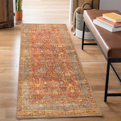 Bloom Rugs Washable Non-Slip 10 ft Runner - Terracotta/Mustard Traditional Runner for Entryway, Hallway, Bathroom, and Kitchen - Exact Size: 2.5' x 10'