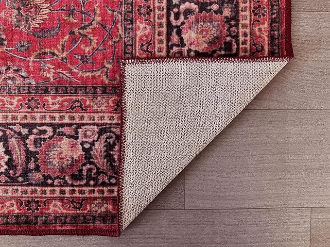 GLN Rugs Traditional Collection - Machine Washable Area Rug, Traditional Washable, Non Slip, Low Pile Chenille Rug, Living Room, Bedroom, Kitchen Rug (8' x 10' Dark Red)