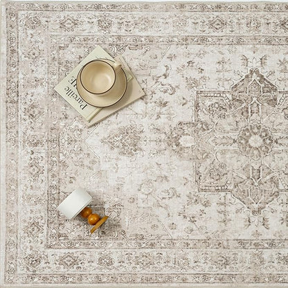 Taupe Area Rug 3x4 Washable Vintage Carpet for Office Kitchen Non Slip Retro Distressed Door Mat Low Pile Soft Oriental Medallion Thin Small Throw Rug Entryway Bedroom Bathroom Dining Room
