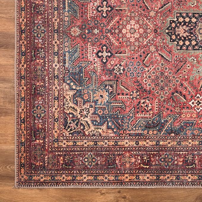 Bloom Rugs Washable Non-Slip 10x14 Rug - Red/Teal Blue/Yellow Traditional Medallion Area Rug for Living Room, Bedroom, Dining Room, and Kitchen - Exact Size: 10' x 14'