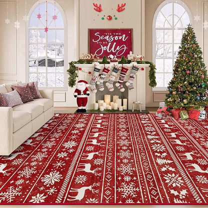 Christmas Rug 8x10 Washable Rugs, Boho Christmas Tree Snowflake Rug Non-Slip Soft Low Pile Non Shedding Indoor Holiday Decor Carpet for Living Room Bedroom Dining Room Home Office (Xmas Red, 8'x10')