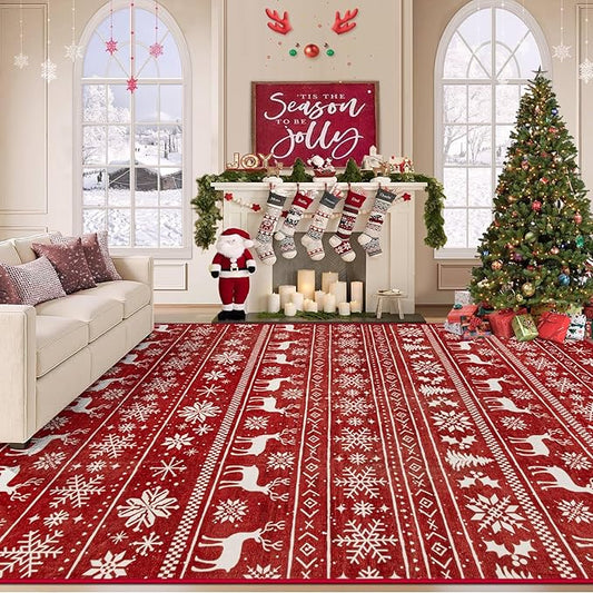 Christmas Rug 8x10 Washable Rugs, Boho Christmas Tree Snowflake Rug Non-Slip Soft Low Pile Non Shedding Indoor Holiday Decor Carpet for Living Room Bedroom Dining Room Home Office (Xmas Red, 8'x10')