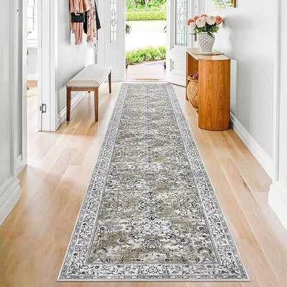 KILOCOCO Hallway Runner 2.6x14 Runner Rug Printed Vintage Floral Washable Rugs Kitchen Runners Soft Non-Slip Low Pile Rubber Backed Runners for Laundry Room Distressed Boho Rugs, Mossy Taupe