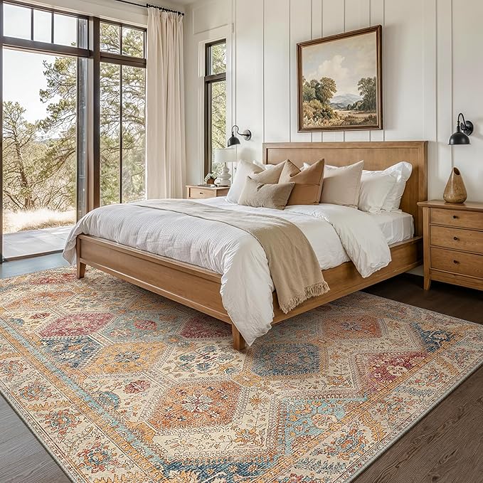 Bavni 6x9 Area Rugs for Living Room, Machine Washable Rug Non Slip, Vintage Chenille Distressed Print Carpet, Large Low Pile Ultra-Thin Lightweight Rugs for Bedroom, Dining Room, Home, Office, Orange