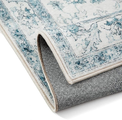 Blue Area Rug 2x3 Washable Vintage Small Carpet for Entryway Kitchen Soft Retro Low Pile Thin Door Mat Non Slip Oriental Medallion Throw Rug for Bathroom Office Bedroom Dining Room