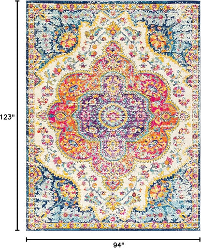 Livabliss Area Rugs - 8x10 Romaine Vintage Boho Fuchsia Mustard Blue Area Rug for Living Room Bedroom - Floral Medallion Stain Resistant Carpet for Kitchen, Nursery, Office (7'10" x 10'3")