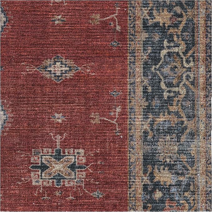 RUGGABLE Washable Vintage Area Rug – Verena Amber Red 6 ft Round, Stain-Resistant, Non-Slip – Medium Machine Washable Rugs for Living Room, Bedroom, Hallway, Entryway & Office–with Standard Pad