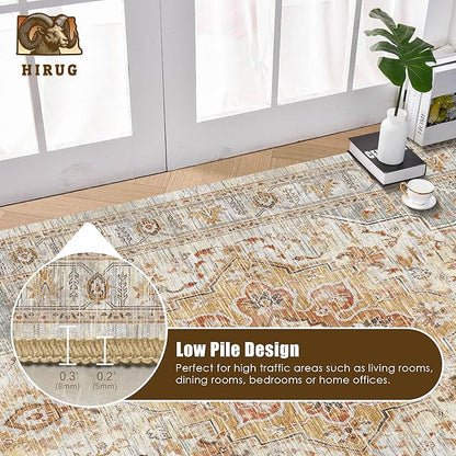 Washable Area Rug 5' x 7' Vintage Traditional Persian Mat - Foldable Distressed Non-Slip Machine Washable Carpet for Living Room Bedroom Kitchen Home Decor - Dove Gray and Coral