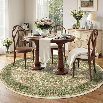 6ft Round Area Rugs for Living Room, Washable Floral Circle Rug Non Slip Low Pile, Vintage Boho Botanical Birds Throw Carpet for Farmhouse, Bedroom, Dining Room, Retro Pink/Green