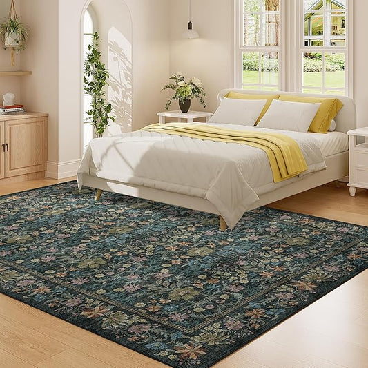 DUKINO 6x9 Rugs for Living Room, Vintage Washable Rug with Non Slip Backing, Floral Low Pile & Non-Shedding Large Area Carpets for Bedroom, Dining Room, Farmhouse, Home Office, Blue