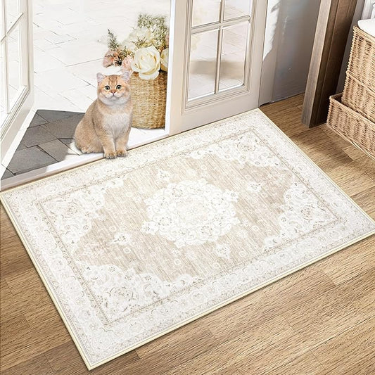 Area Rug 2x3 Entryway Rugs - Machine Washable Vintage Boho Area Rug Non-Slip Kitchen Rugs Soft Stain Resistant Indoor Door Mat, Small Oriental Throw Rug for Entrance Hallway Bedroom(Boho Beige, 2'x3')