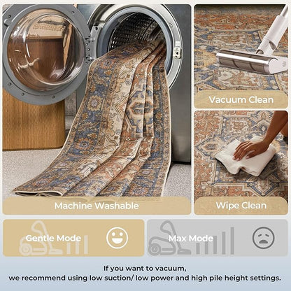 Kokia 8x10 Washable Area Rugs Terracotta with Vintage Orient Design, Soft Rug for Living Room or Bedroom, Non-Slip Low Pile Stain Resistance Features, Distressed Medallion Pattern