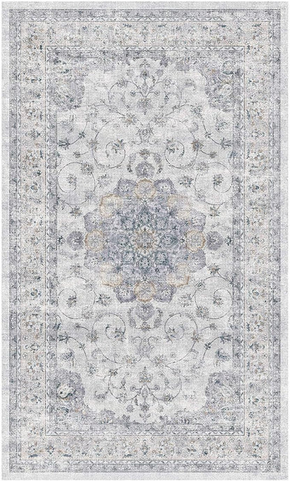 HUGEAR Machine Washable Area Rugs 3x5 Vintage Blue Living Room Rug Neutral Style Non Slip Stain Resistant Low Pile Throw Carpet for Office Home Retro Aesthetic Modern Decor