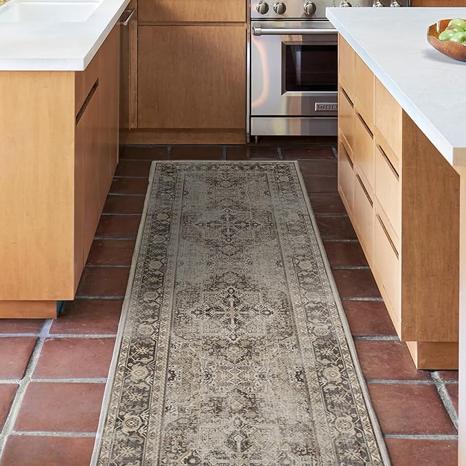 RUGGABLE Washable Vintage Runner Rug – Kamran Hazel 2.5x10, Stain-Resistant, Non-Slip Hallway Runner – Machine Washable Rug for Hallway, Entryway, Living Room & Kitchen–with Cushioned Pad