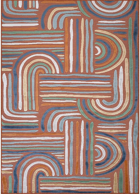 CAMILSON Indoor Outdoor Rug, Orange 6x9 Geometric Arch Striped Area Rugs for Patio and Home Areas, Easy-Cleaning Non-Shedding Living Room, Garden and Deck Washable Outside Carpet (6 x 9)