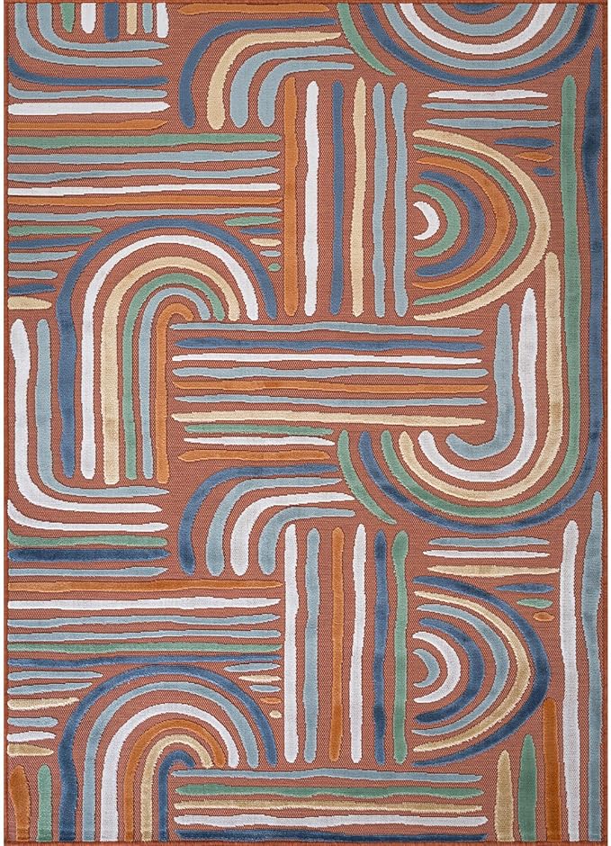CAMILSON Indoor Outdoor Rug, Orange 5x7 Geometric Arch Striped Area Rugs for Patio and Home Areas, Easy-Cleaning Non-Shedding Living Room, Garden and Deck Washable Outside Carpet (5 x 7)