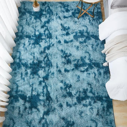 Andency 8x10 Area Rugs for Living Room, Non-Slip Fluffy Soft Large Shag Bedroom Carpet, Tie-Dyed Navy Blue Big Indoor Thick Nursery Rug for Kids Dorm Home Decor Aesthetic
