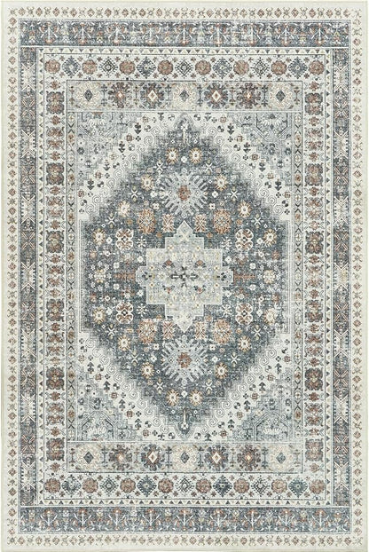 zesthome 8x10 Area Rugs for Living Room,Non-Slip Backing Washable Rugs,Vintage Large Area Rug，Stain Resistant Home Decor Rug (Grey/Orange,8'x10')