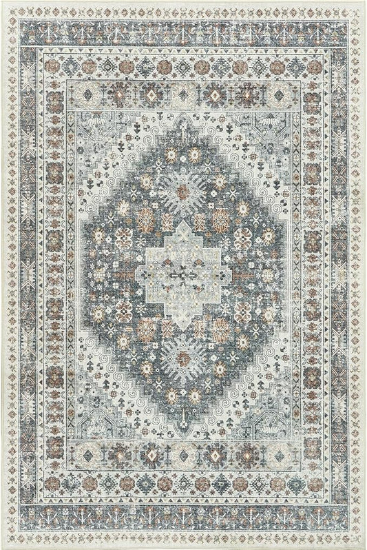 zesthome 8x10 Area Rugs for Living Room,Non-Slip Backing Washable Rugs,Vintage Large Area Rug，Stain Resistant Home Decor Rug (Grey/Orange,8'x10')
