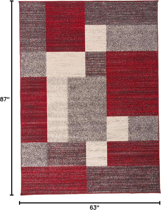 Rugshop Red Modern Geometric Boxes Non-Slip Area Rug Non-Shedding for Living Room, Bedroom and Dining Area, 5'3" x 7'3"